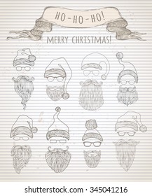 Ho! Ho! Ho! Merry Christmas! Vector set of vintage Santa hats and beards. Doodles Christmas design elements on retro background.