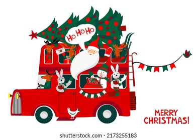 Ho Ho Ho! Merry Christmas!  Xmas holiday concept. Banner in flat style. Traveling by bus.  The winter vacation. Christmas travel vector illustration