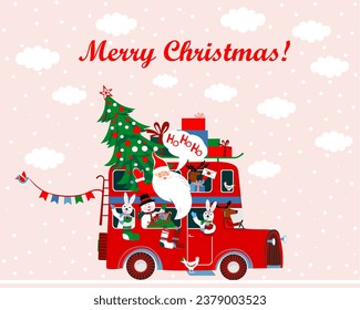 Ho Ho Ho! Merry Christmas!  Xmas holiday concept. Winter is coming.  Banner in flat style. Traveling by bus.  The winter vacation. Christmas travel. Winter holiday. vector illustration