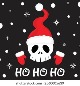 Ho Ho Ho mery Christmas text with skull santa claus. Creepy Christmas vector illustration.