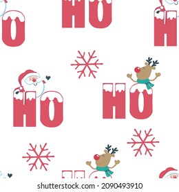 Ho wie das Muster. Weihnachtshintergrund für die Geschenkverpackung. Rote Schrift und handgezeichneter Schnee auf weißem Hintergrund. Der Weihnachtsmann lacht und Hirsch.
