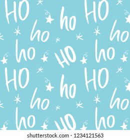 Ho ho ho pattern. Funny christmas background for gift wrapping. White lettering and hand drawn snow on light blue background.