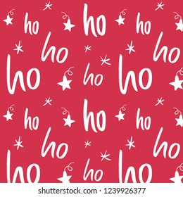 Ho ho ho pattern. Funny christmas background for gift wrapping. White lettering and hand drawn snow on red background.