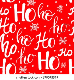 ho pattern with snowflakes. Seamless christmas pattern. Hand drawn lettering on red background.