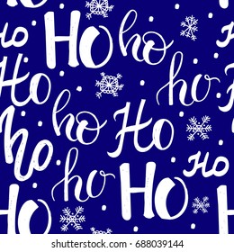 ho pattern with snowflakes. Seamless christmas pattern. Hand drawn lettering on blue background.