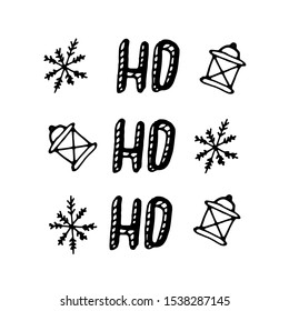 Ho Ho Ho post card. Text with night lamp and snowflakes. Black and white hand draw vector poster. Inscription for prints, postcards, posters, socials, banners, stickers and seasonal design.