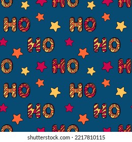 Ho ho ho retro pattern. Funny christmas background for gift wrapping. Lettering and stars. Santa Claus laugh.