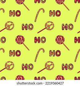 Ho ho ho retro pattern. Hippie groovy christmas background for gift wrapping. Lettering and lollipops. Santa Claus laugh.