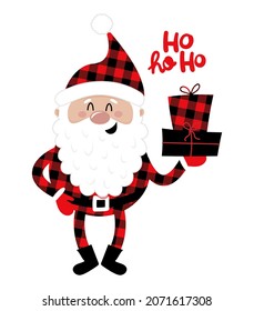 Ho ho ho, Santa with Christmas presents - Calligraphy phrase for Christmas. Hand drawn lettering for Xmas greetings cards, invitations. Good for t-shirt, mug, gift, printing press. Buffalo plaid