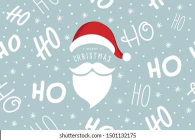 Ho ho ho Santa Claus laugh hat and beard seamless texture pattern blue background