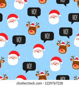 Ho ho ho. Santa and reindeer. Seamless pattern. Christmas background. Vector illustration