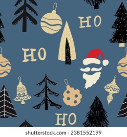 Ho ho ho seamless pattern, Santa Claus laugh. Santa red hat, balls, mustache, pine, fir