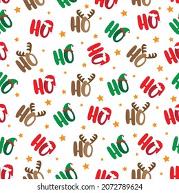 Ho Ho Ho seamless pattern with santa's hat, deer antler, and elf hat. Islolated on white background. Good for textile print, wrapping paper, cover, label and other decoration.