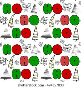 "Ho ho ho" sign doodle seamless pattern with doodle holiday symbol elements. Anti stress coloring for adults