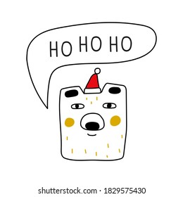 Ho ho ho. Speech bubble with animal head. Cute bear in Christmas hat. Illustration for greeting card, posters, flyers design. 