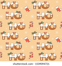 ho ho ho text with christmas letter decorated with snow, bells and mistletoe holidays seamless vector pattern background illustration
