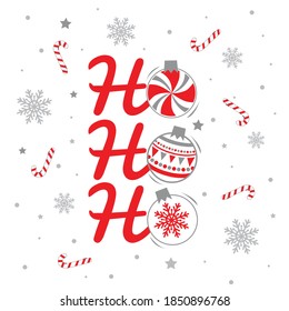 ho ho ho escribe con adorno de navidad y caramelo de caramelo con fondo de copo de nieve