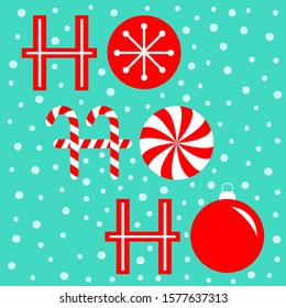 Ho ho ho text lettering banner. Candy Cane Merry Christmas ball bauble xmas decoration. Snowflake. Red white peppermint stick and circle. Flat design. Blue snow background. Vector illustration