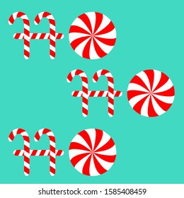 Ho ho ho text lettering banner. Candy Cane Merry Christmas xmas decoration. Red white peppermint stick and circle. Flat design. Blue background. Isolated. Vector illustration