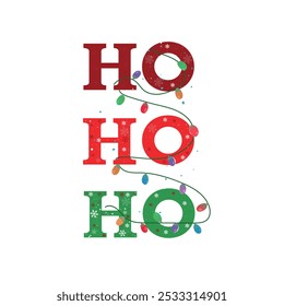 HO HO HO Text mit Glühbirne. Weihnachtsgrußkartendesign