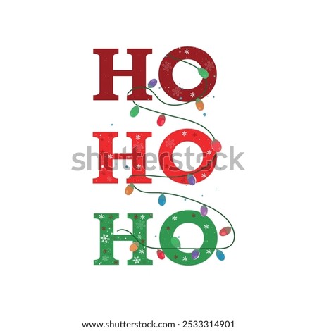 HO HO HO Text with light bulb. Christmas greeting card design