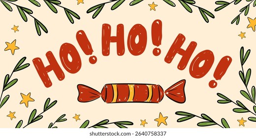 Ho ho ho vector christmas clip art illustration with candy, greeting banner card. Vector illustration