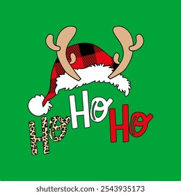 Ho Ho Ho written with leopard print, white and red, and with a red and black checkered hat with reindeer antlers and a green background. Vector for silkscreen, dtg, dtf, t-shirts, signs, banners