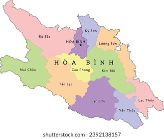 Hoa Binh (Hòa Bình) province of Vietnam administrative divisions map. Clored. Vectored. Bright colors