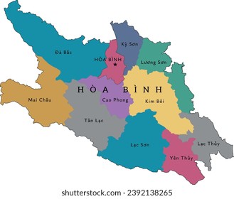 Hoa Binh (Hòa Bình) province of Vietnam administrative divisions map. Clored. Vectored. Cream colors