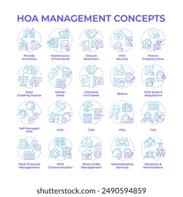 HOA management blue gradient concept icons. Home owner association. Property management. Neighborhood. Administrative tasks. Icon pack. Vector images. Round shape illustrations. Abstract idea