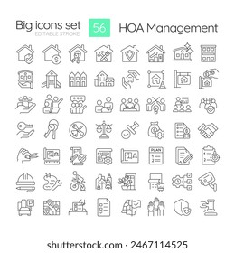 HOA management linear icons set. Association community, violation tracking. Administrative support. Customizable thin line symbols. Isolated vector outline illustrations. Editable stroke