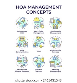 HOA management multi color concept icons. Administrative services, association community. Icon pack. Vector images. Round shape illustrations for infographic, presentation. Abstract idea