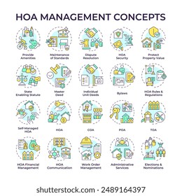 HOA management multi color concept icons. Home owner association. Property management. Neighborhood. Administrative tasks. Icon pack. Vector images. Round shape illustrations. Abstract idea