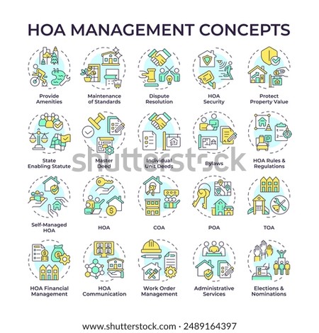 HOA management multi color concept icons. Home owner association. Property management. Neighborhood. Administrative tasks. Icon pack. Vector images. Round shape illustrations. Abstract idea