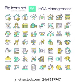 HOA management RGB color icons set. Administrative support, service. Regulatory compliance, leadership. Isolated vector illustrations. Simple filled line drawings collection. Editable stroke