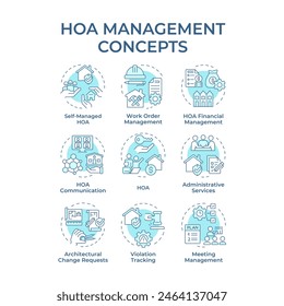 HOA management soft blue concept icons. Administrative services, association community. Icon pack. Vector images. Round shape illustrations for infographic, presentation. Abstract idea