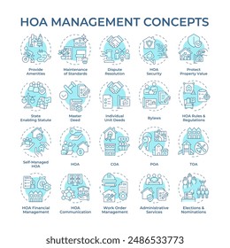 HOA Management weiche blaue Konzept-Symbole. Hauseigentümerverein. Immobilienverwaltung. Nachbarschaft. Verwaltungsaufgaben. Symbolpaket. Vektorbilder. Runde Formabbildungen. Abstrakter Gedanke