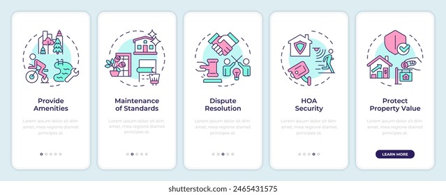 HOA pros onboarding mobile app screen. Property management. Walkthrough 5 steps editable graphic instructions with linear concepts. UI, UX, GUI template. Montserrat SemiBold, Regular fonts used