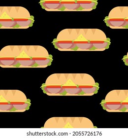 Hoagie Long Sandwich Seamless Pattern, Fast Food On Black Background Vector Illustration