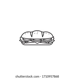 Hoagie or sub with tomato, lettuce, ham, and cheese vector line icon. Take-away food outline symbol.