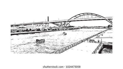 Hoan Bridge - Milwaukee City in Wisconsin, USA. Hand drawn sketch illustration in vector.