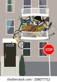 Hoarder. A Balcony In An Apartment Building Overflown With Clutter