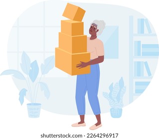 Hoarding disorder 2D vector isolated spot illustration. Old woman holding heavy cardboard boxes pile flat character on cartoon background. Colorful editable scene for mobile, website, magazine