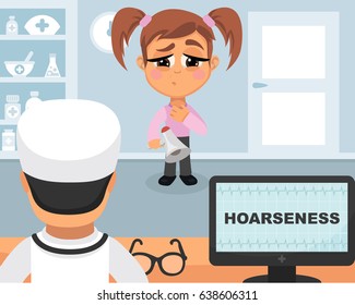 Hoarseness medical concept. Vector illustration. Doctor and patient are talking in the hospital. Isolated on white background.