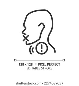 Hoarseness pixel perfect linear icon. Voice changing problem. Throat disease treatment. Medical service. Thin line illustration. Contour symbol. Vector outline drawing. Editable stroke