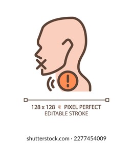 Hoarseness pixel perfect RGB color icon. Voice changing problem. Throat disease treatment. Medical service. Thin line illustration. Contour symbol. Vector outline drawing. Editable stroke