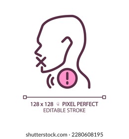 Hoarseness pixel perfect RGB color linear icon. Voice changing problem. Throat disease treatment. Medical service. Thin line illustration. Contour symbol. Vector outline drawing. Editable stroke