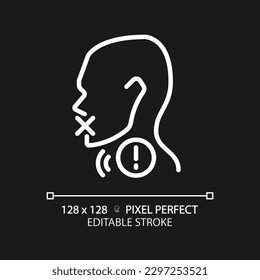 Hoarseness pixel perfect white linear icon for dark theme. Voice changing problem. Throat disease treatment. Thin line illustration. Contour symbol. Vector outline drawing. Editable stroke