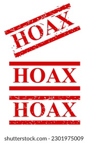 hoax, diagonal scratch red rubber stamp, set 3 isolated on white
