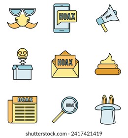 Hoax fake icons set. Outline set of hoax fake vector icons thin line color flat on white